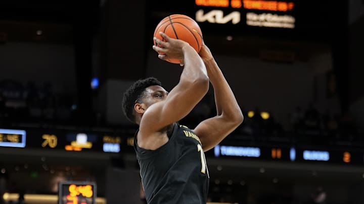Feb 18, 2026; Columbia, Missouri, USA; Vanderbilt Commodores forward Ak Okereke (10) shoots a jump shot against the Missouri Tigers during the second half of the game at Mizzou Arena. Mandatory Credit: Denny Medley-Imagn Images