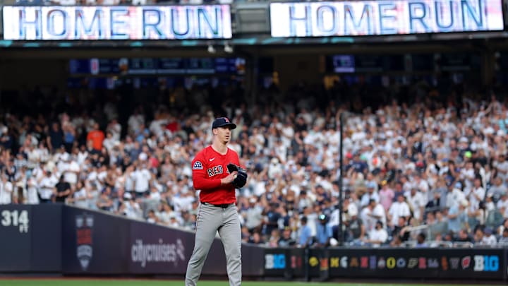Jun 6, 2025; Bronx, New York, USA; Boston Red Sox starting pitcher Walker Buehler (0) reacts after giving up a two run home run to New York Yankees shortstop Anthony Volpe (not pictured) during the first inning at Yankee Stadium. Mandatory Credit: Brad Penner-Imagn Images
