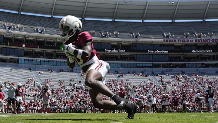 Apr 12, 2025; Tuscaloosa, AL, USA;  Alabama wide receiver Jalen Hale (8) catches a pass during A-Day at Bryant-Denny Stadium. Mandatory Credit: Gary Cosby Jr.-Imagn Images