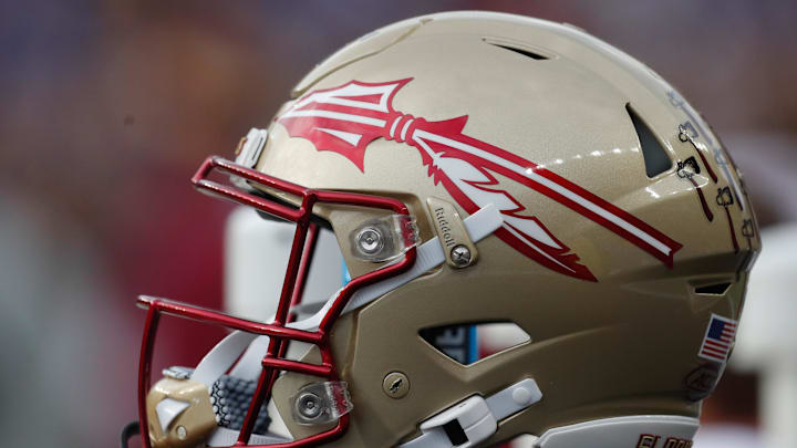 Nov 4, 2023; Pittsburgh, Pennsylvania, USA;  A Florida State Seminoles helmet on the sidelines against the Pittsburgh Panthers during the second quarter at Acrisure Stadium. Mandatory Credit: Charles LeClaire-Imagn Images