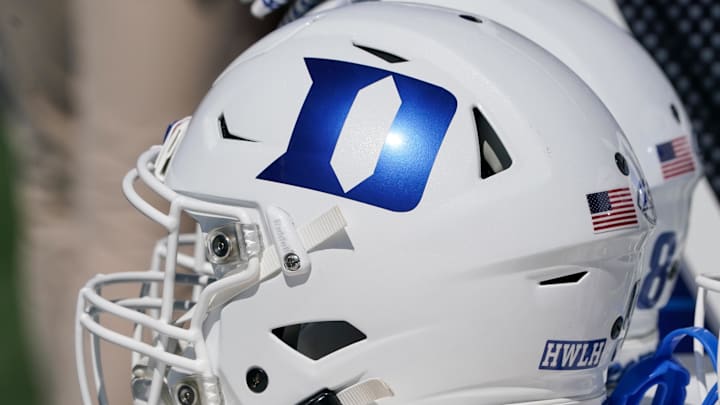 Sep 24, 2022; Lawrence, Kansas, USA; A general view of a Duke Blue Devils helmet against the Kansas Jayhawks during the second half of the game at David Booth Kansas Memorial Stadium. Mandatory Credit: Denny Medley-Imagn Images Sep 24, 2022; Lawrence, Kansas, USA; A general view of a Duke Blue Devils helmet against the Kansas Jayhawks during the second half of the game at David Booth Kansas Memorial Stadium. Mandatory Credit: Denny Medley-Imagn Images