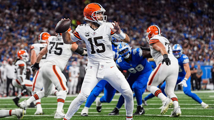Cleveland Browns quarterback Joe Flacco (15) makes a pass against Detroit Lions during the first half at Ford Field in Detroit on Sunday, Sept. 28, 2025.