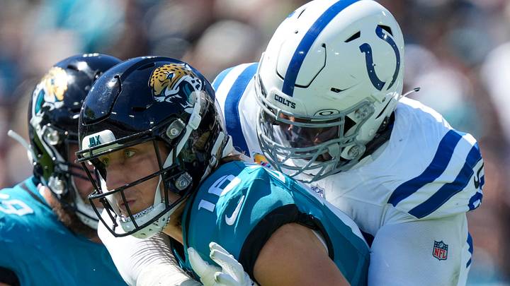 Indianapolis Colts defensive tackle DeForest Buckner (99) sacks Jacksonville Jaguars quarterback Trevor Lawrence (16) during game action at EverBank Stadium on Sunday, Oct 15, 2023, in Jacksonville.