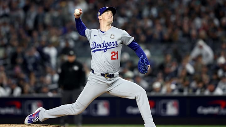 Oct 28, 2024; New York, New York, USA; Los Angeles Dodgers pitcher Walker Buehler (21) throws during the first inning in game three of the 2024 MLB World Series against the New York Yankees at Yankee Stadium. Mandatory Credit: Wendell Cruz-Imagn Images