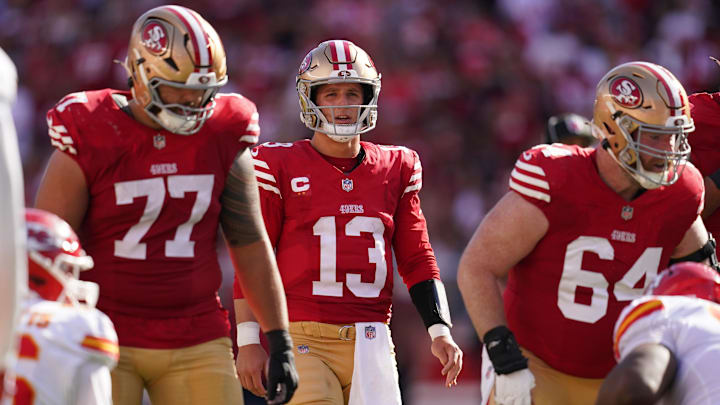 Oct 20, 2024; Santa Clara, California, USA; San Francisco 49ers quarterback Brock Purdy (13) walks towards the line of scrimmage against the Kansas City Chiefs in the third quarter at Levi's Stadium. Mandatory Credit: Cary Edmondson-Imagn Images