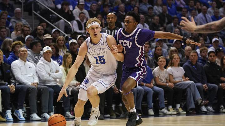 Jan 14, 2026; Provo, Utah, USA; BYU Cougars guard Richie Saunders (15) controls the ball against the TCU Horned Frogs during the first half at Marriott Center. Mandatory Credit: Aaron Baker-Imagn Images Jan 14, 2026; Provo, Utah, USA; BYU Cougars guard Richie Saunders (15) controls the ball against the TCU Horned Frogs during the first half at Marriott Center. Mandatory Credit: Aaron Baker-Imagn Images