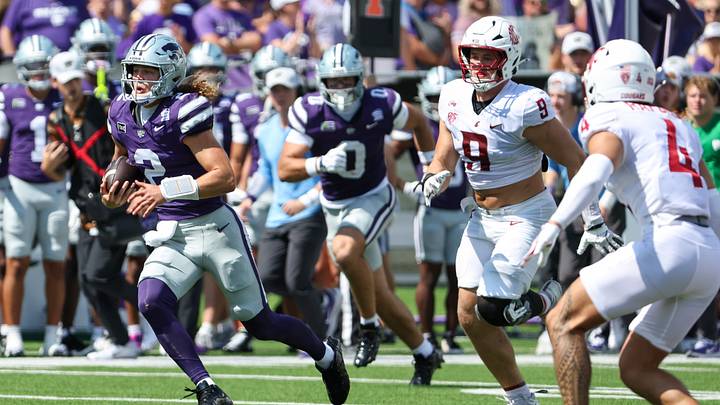 Sep 12, 2026; Manhattan, Kansas, USA; Kansas State Wildcats quarterback Avery Johnson (2) scrambles during the third quarter against the Washington State Cougars at Bill Snyder Family Football Stadium. Mandatory Credit: Scott Sewell-Imagn Images Sep 12, 2026; Manhattan, Kansas, USA; Kansas State Wildcats quarterback Avery Johnson (2) scrambles during the third quarter against the Washington State Cougars at Bill Snyder Family Football Stadium. Mandatory Credit: Scott Sewell-Imagn Images