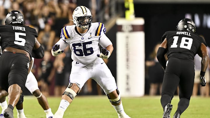 Oct 26, 2024; College Station, Texas, USA; LSU Tigers offensive tackle Will Campbell (66) in action during the second half against the Texas A&M Aggies. The Aggies defeated the Tigers 38-23; at Kyle Field. Mandatory Credit: Maria Lysaker-Imagn Images.  