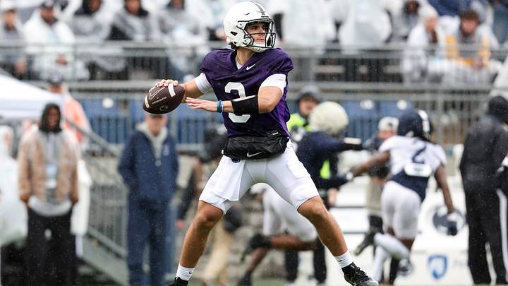 Penn State Nittany Lions quarterback Rocco Becht throws a pass during spring practice at Beaver Stadium. Penn State Nittany Lions quarterback Rocco Becht throws a pass during spring practice at Beaver Stadium.