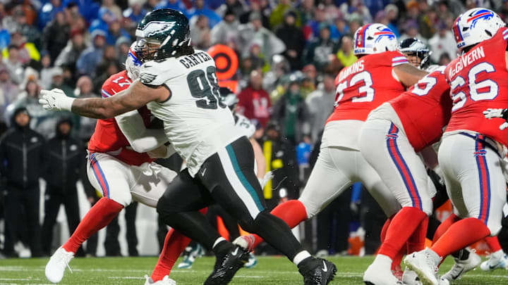 Dec 28, 2025; Orchard Park, New York, USA; Philadelphia Eagles defensive tackle Jalen Carter (98) sacks Buffalo Bills quarterback Josh Allen (17)