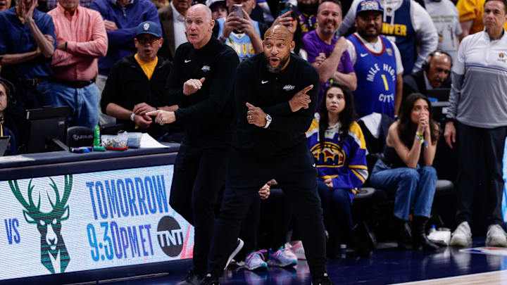 Apr 29, 2024; Denver, Colorado, USA; Los Angeles Lakers head coach Darvin Ham (R) and assistant