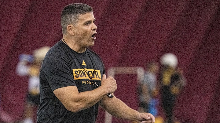 Defensive coordinator Brian Ward instructs his players during ASU fall camp practice on Aug. 2, 2024, at Verde Dickey Dome in Tempe. Defensive coordinator Brian Ward instructs his players during ASU fall camp practice on Aug. 2, 2024, at Verde Dickey Dome in Tempe.