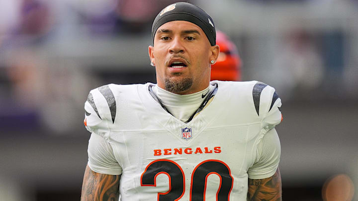 Sep 21, 2025; Minneapolis, Minnesota, USA; Cincinnati Bengals running back Chase Brown (30) warms up prior to a game against the Minnesota Vikings at U.S. Bank Stadium. Mandatory Credit: Brad Rempel-Imagn Images