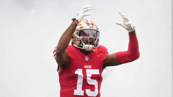 Dec 14, 2025; Santa Clara, California, USA; San Francisco 49ers wide receiver Jauan Jennings (15) enters the field prior to the first half against the Tennessee Titans at Levi's Stadium. 