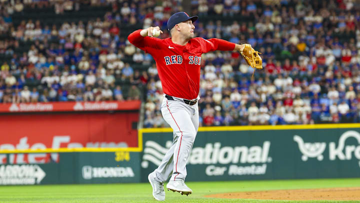 Mar 28, 2025; Arlington, Texas, USA; Boston Red Sox third baseman Alex Bregman (2) throws to first base during the first inning against the Texas Rangers at Globe Life Field. Mandatory Credit: Kevin Jairaj-Imagn Images Mar 28, 2025; Arlington, Texas, USA; Boston Red Sox third baseman Alex Bregman (2) throws to first base during the first inning against the Texas Rangers at Globe Life Field. Mandatory Credit: Kevin Jairaj-Imagn Images