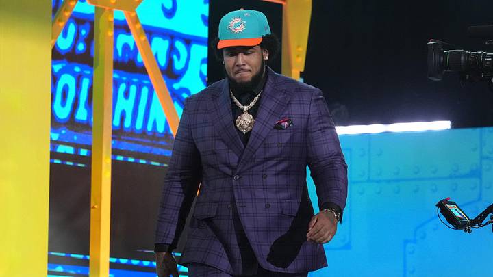 Alabama Crimson Tide tackle Kadyn Proctor is selected by the Miami Dolphins as the number 12 pick during the 2026 NFL Draft at Acrisure Stadium in Pittsburgh.