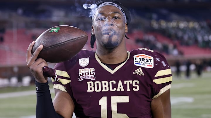 Jan 3, 2025; Dallas, TX, USA; Texas State Bobcats defensive end Brice Bass (15) smokes a cigar after the game against the North Texas Mean Green at Gerald J. Ford Stadium. Mandatory Credit: Tim Heitman-Imagn Images