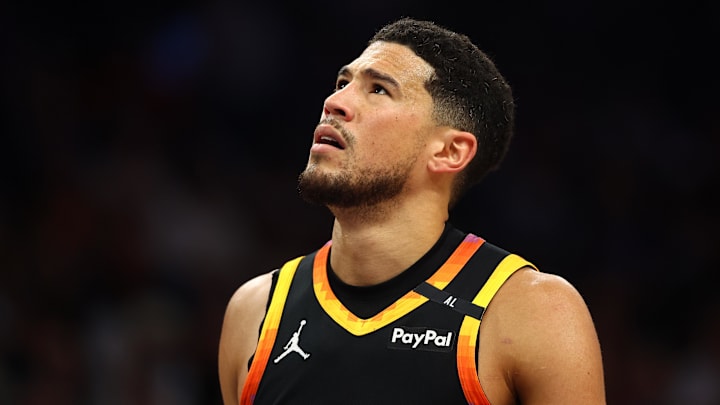 Apr 9, 2025; Phoenix, Arizona, USA; Phoenix Suns guard Devin Booker (1) reacts after a play against the Oklahoma City Thunder during the first half at Footprint Center. Mandatory Credit: Mark J. Rebilas-Imagn Images Apr 9, 2025; Phoenix, Arizona, USA; Phoenix Suns guard Devin Booker (1) reacts after a play against the Oklahoma City Thunder during the first half at Footprint Center. Mandatory Credit: Mark J. Rebilas-Imagn Images