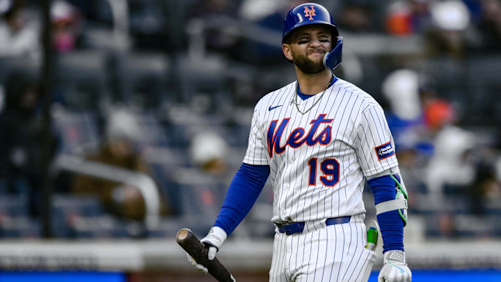 Apr 8, 2026; New York City, New York, USA; New York Mets shortstop Bo Bichette (19) reacts after striking out against the Arizona Diamondbacks during the seventh inning at Citi Field. Mandatory Credit: John Jones-Imagn Images