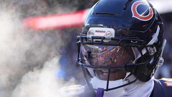Dec 14, 2025; Chicago, Illinois, USA; Chicago Bears wide receiver Luther Burden III (10) walks off the field during halftime of the game against the Cleveland Browns at Soldier Field.