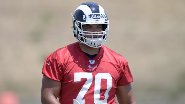 Jun 11, 2019; Los Angeles Rams tackle Joseph Noteboom (70) during minicamp at Cal Lutheran University.