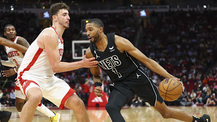 Mar 7, 2023; Houston, Texas, USA; Brooklyn Nets forward Mikal Bridges (1) dribbles the ball as