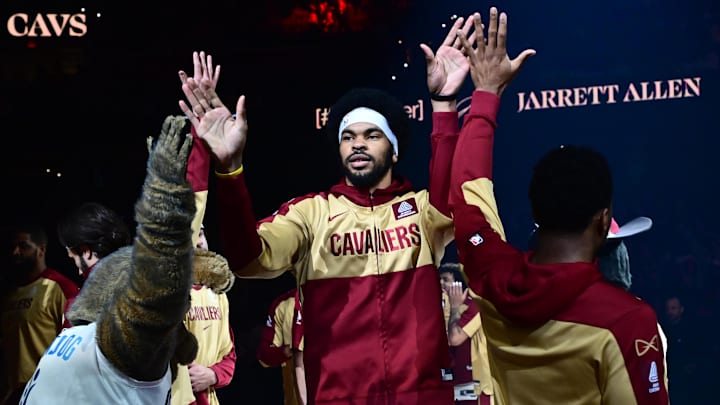 Cleveland Cavaliers center Jarrett Allen is introduced before the game between the Cavaliers and the Sacramento Kings at Rocket Arena. 