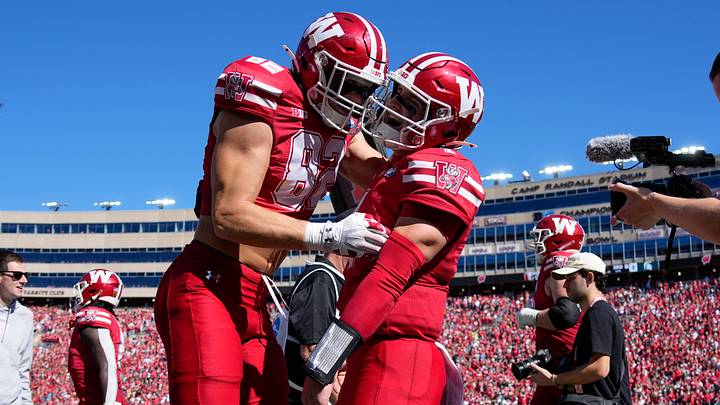 Oct 3, 2026; Madison, Wisconsin, USA; Wisconsin Badgers quarterback Colton Joseph (1) celebrates with tight end Emmett Bork (82) after scoring a touchdown during the third quarter against the Michigan State Spartans at Camp Randall Stadium. Mandatory Credit: Jeff Hanisch-Imagn Images Oct 3, 2026; Madison, Wisconsin, USA; Wisconsin Badgers quarterback Colton Joseph (1) celebrates with tight end Emmett Bork (82) after scoring a touchdown during the third quarter against the Michigan State Spartans at Camp Randall Stadium. Mandatory Credit: Jeff Hanisch-Imagn Images
