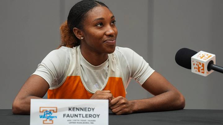 Tennessee guard Kennedy Fauntleroy (35) interviews with TVC at the Tennessee Lady Vols basketball media day at Pratt Pavilion on Oct. 22, 2026. Tennessee guard Kennedy Fauntleroy (35) interviews with TVC at the Tennessee Lady Vols basketball media day at Pratt Pavilion on Oct. 22, 2026.