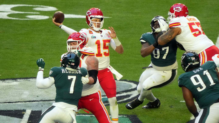 Kansas City Chiefs quarterback Patrick Mahomes (15) throws a pass against the Philadelphia Eagles