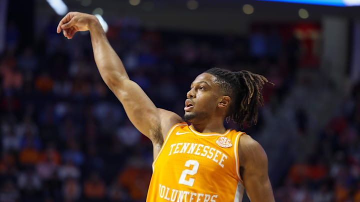Mar 5, 2025; Oxford, Mississippi, USA; Tennessee Volunteers guard Chaz Lanier (2) looks on after a three-point shot against the Mississippi Rebels during the first half at The Sandy and John Black Pavilion at Ole Miss. Mandatory Credit: Wesley Hale-Imagn Images