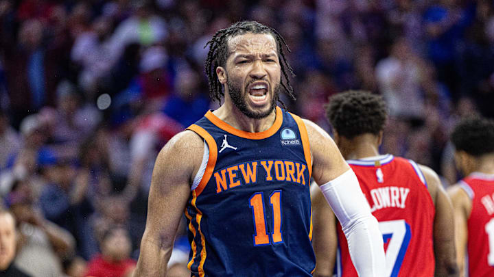 New York Knicks guard Jalen Brunson (11) reacts after scoring against the Philadelphia 76ers during the fourth quarter of game four of the first round in the 2024 NBA playoffs at Wells Fargo Center on April 28, 2024.