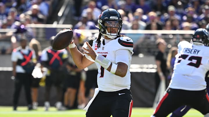 Oct 5, 2025; Baltimore, Maryland, USA; Houston Texans quarterback C.J. Stroud (7) throws during the second quarter against the Baltimore Ravens at M&T Bank Stadium. Mandatory Credit: Rafael Suanes-Imagn Images Oct 5, 2025; Baltimore, Maryland, USA; Houston Texans quarterback C.J. Stroud (7) throws during the second quarter against the Baltimore Ravens at M&T Bank Stadium. Mandatory Credit: Rafael Suanes-Imagn Images