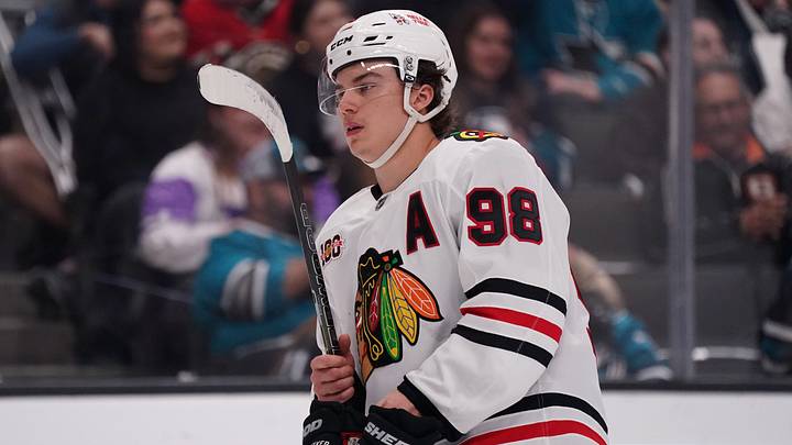 Apr 6, 2026; San Jose, California, USA;  Chicago Blackhawks center Connor Bedard (98) waits for play to resume during a game against the San Jose Sharks in the second period at SAP Center at San Jose. Mandatory Credit: David Gonzales-Imagn Images
