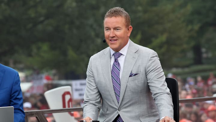 Kirk Herbstreit is on stage at ESPN College GameDay ahead of the University of Oklahoma-Michigan College football game on Sep 6, 2025 in Norman.