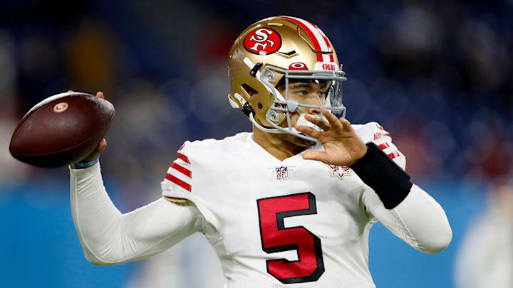 Quarterback Trey Lance attempts a pass during a matchup between the San Francisco 49ers and Tennessee Titans