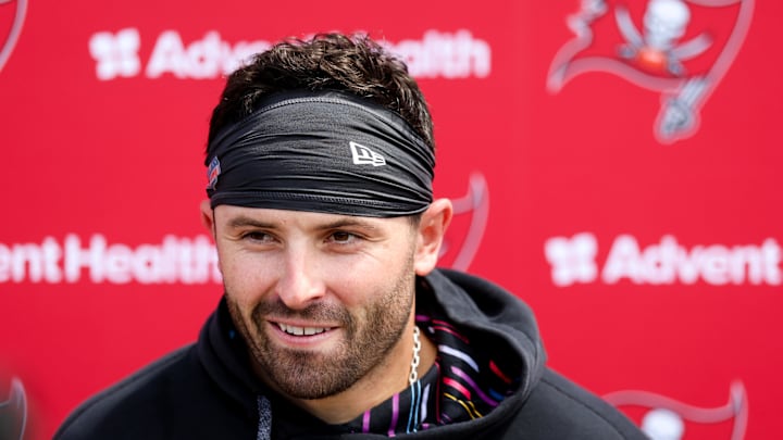 Tampa Bay Buccaneers quarterback Baker Mayfield (6) gives a press conference after mini camp.