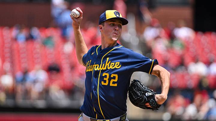 Jul 7, 2026; St. Louis, Missouri, USA; Milwaukee Brewers starting pitcher Jacob Misiorowski (32) pitches against the St. Louis Cardinals during the fourth inning at Busch Stadium. Mandatory Credit: Jeff Curry-Imagn Images Jul 7, 2026; St. Louis, Missouri, USA; Milwaukee Brewers starting pitcher Jacob Misiorowski (32) pitches against the St. Louis Cardinals during the fourth inning at Busch Stadium. Mandatory Credit: Jeff Curry-Imagn Images