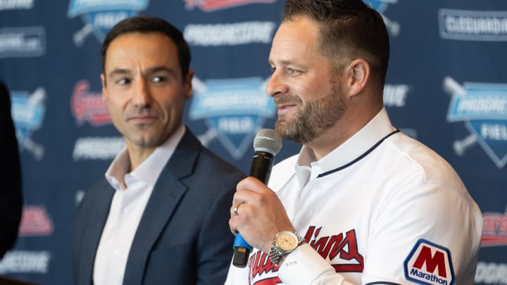 Nov 10, 2023; Cleveland, OH, USA;  Cleveland Guardians manager Stephen Vogt, right, talks to the media as president of baseball operations Chris Antonetti looks on during an introductory press conference at Progressive Field. Mandatory Credit: Ken Blaze-USA TODAY Sports
