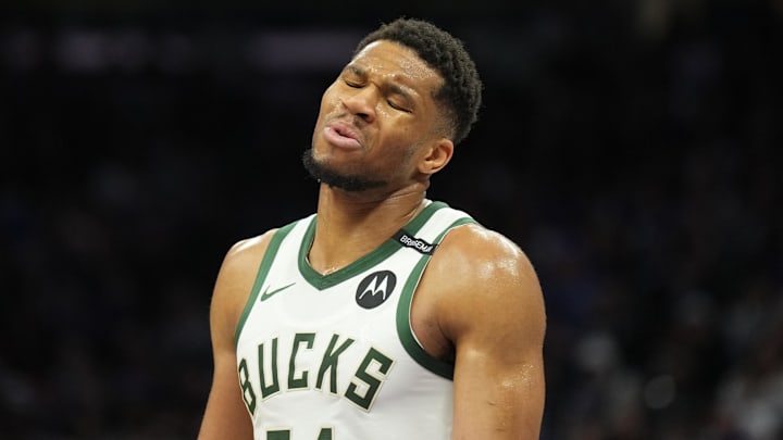Mar 22, 2025; Sacramento, California, USA; Milwaukee Bucks forward Giannis Antetokounmpo (34) reacts during the third quarter against the Sacramento Kings at Golden 1 Center. Mandatory Credit: Darren Yamashita-Imagn Images