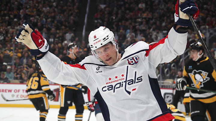 Feb 22, 2025; Pittsburgh, Pennsylvania, USA; Washington Capitals defenseman Jakob Chychrun (6) reacts after scoring a goal against the Pittsburgh Penguins during the second period at PPG Paints Arena. Mandatory Credit: Charles LeClaire-Imagn Images