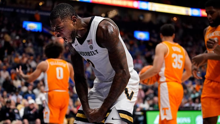 Vanderbilt guard Duke Miles (2) celebrates a foul against Tennessee during the second half of a SEC tournament quarterfinal game at Bridgestone Arena in Nashville, Tenn., Friday, March 13, 2026.