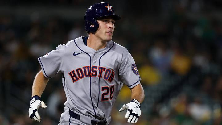 Sep 24, 2026; West Sacramento, California, USA; Houston Astros center fielder Lucas Spence (28) hits a one-run home run during the ninth inning at Sutter Health Park. Mandatory Credit: Sergio Estrada-Imagn Images