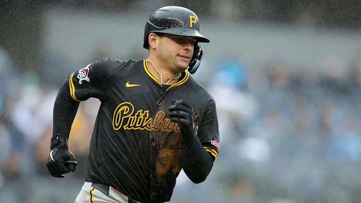 Pittsburgh Pirates second baseman Nick Yorke (38) rounds the bases after hitting a two-run home run against the New York Yankees during the ninth inning at Yankee Stadium. 