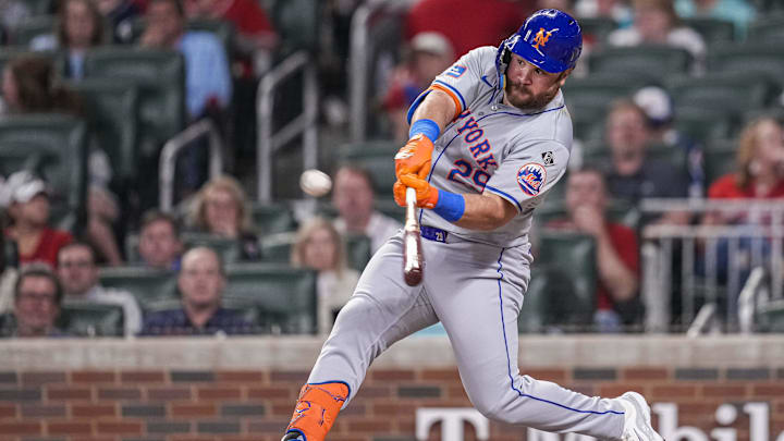Apr 8, 2024; Cumberland, Georgia, USA; New York Mets designated hitter DJ Stewart (29) hits a home run against the Atlanta Braves during the eighth inning at Truist Park. Mandatory Credit: Dale Zanine-Imagn Images Apr 8, 2024; Cumberland, Georgia, USA; New York Mets designated hitter DJ Stewart (29) hits a home run against the Atlanta Braves during the eighth inning at Truist Park. Mandatory Credit: Dale Zanine-Imagn Images