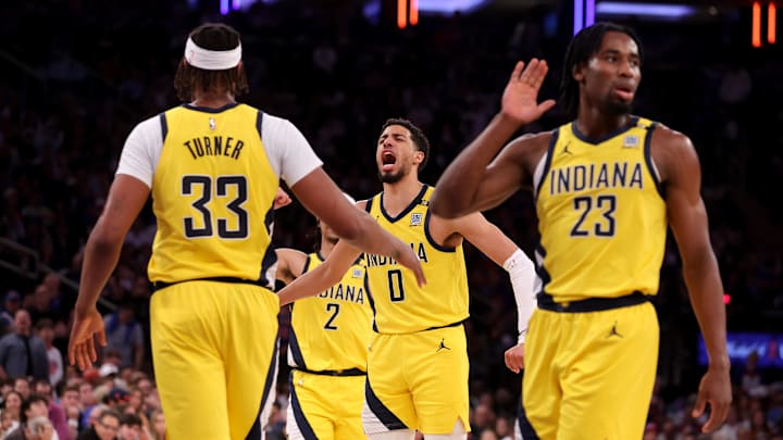 Indiana Pacers guard Tyrese Haliburton (0) reacts with center Myles Turner (33) and guard Andrew Nembhard (2) and forward Aaron Nesmith (23) during the second quarter of game seven of the second round of the 2024 NBA playoffs at Madison Square Garden. Mandatory Credit: Brad Penner-Imagn Images