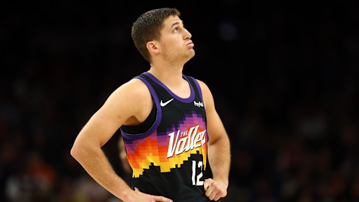 Feb 22, 2026; Phoenix, Arizona, USA; Phoenix Suns guard Collin Gillespie (12) reacts against the Portland Trail Blazers in the second half at Mortgage Matchup Center. Mandatory Credit: Mark J. Rebilas-Imagn Images