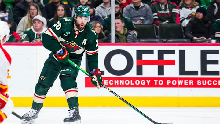Jan 2, 2024; Saint Paul, Minnesota, USA; Minnesota Wild left wing Pat Maroon (20) passes during the