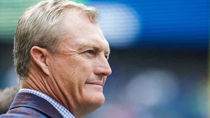 Sep 7, 2025; Seattle, Washington, USA; San Francisco 49ers general manager John Lynch watches pregame warmups against the Seattle Seahawks at Lumen Field. Mandatory Credit: Joe Nicholson-Imagn Images