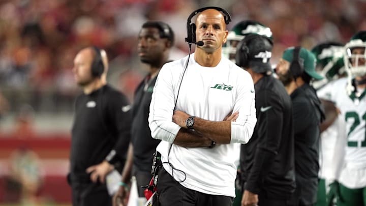 Sep 9, 2024; Santa Clara, California, USA; New York Jets head coach Robert Saleh walks along the sideline during the fourth quarter against the San Francisco 49ers at Levi's Stadium. Mandatory Credit: Darren Yamashita-Imagn Images Sep 9, 2024; Santa Clara, California, USA; New York Jets head coach Robert Saleh walks along the sideline during the fourth quarter against the San Francisco 49ers at Levi's Stadium. Mandatory Credit: Darren Yamashita-Imagn Images